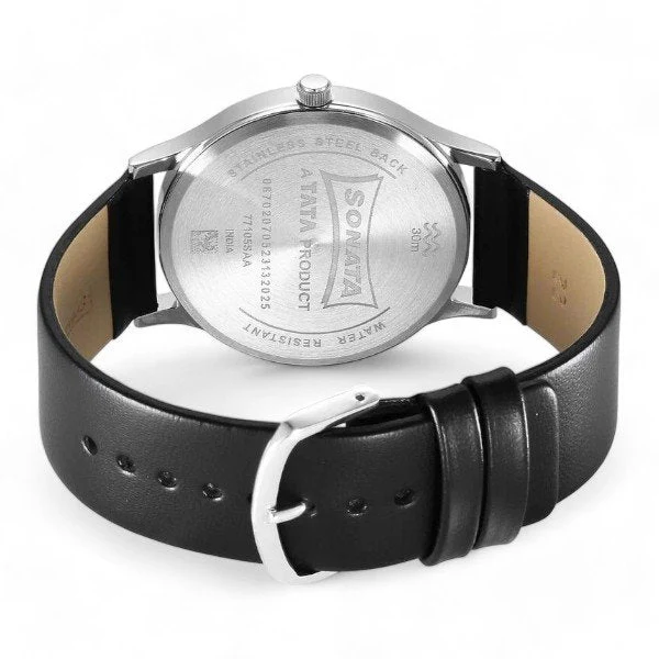 Sonata Aspire Quartz Analog Black Dial Leather Strap Watch for Men 77105SL14 - Image 3