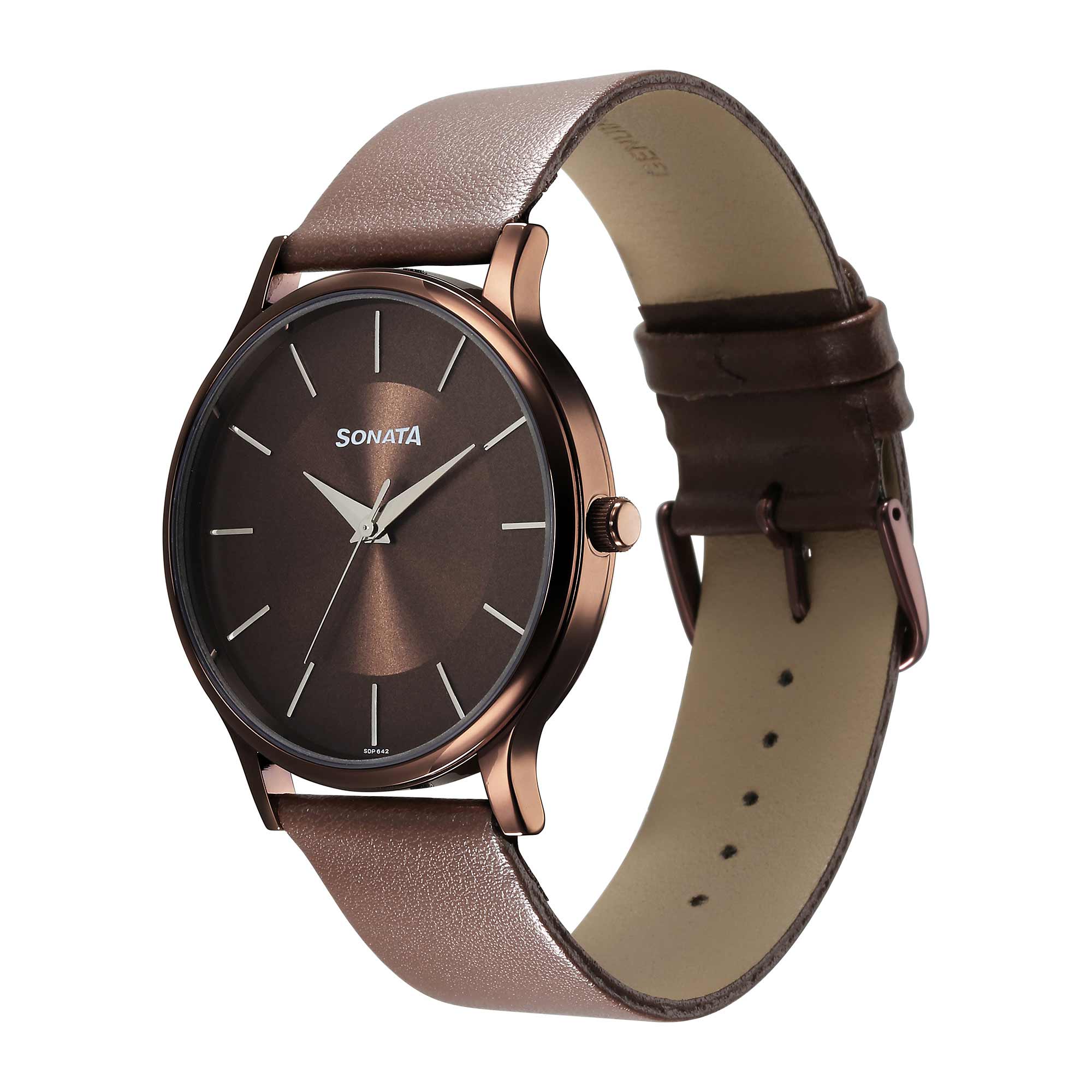 Sonata Aspire Quartz Analog Brown Dial Leather Strap Watch for Men - Image 3