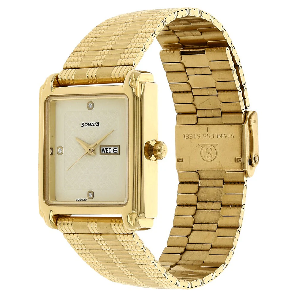 Sonata Quartz Analog with Day and Date Champagne Dial Stainless Steel Strap Watch for Men - Image 2
