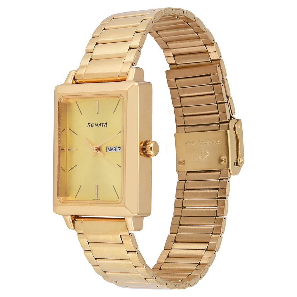 Sonata Quartz Analog with Day and Date Champagne Dial Stainless Steel Strap Watch for Men - Image 2