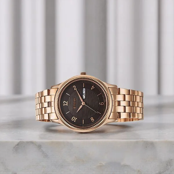 Titan Brown Dial Rose Gold Stainless Steel Strap Analog with Day and Date Watch for Men - Image 2
