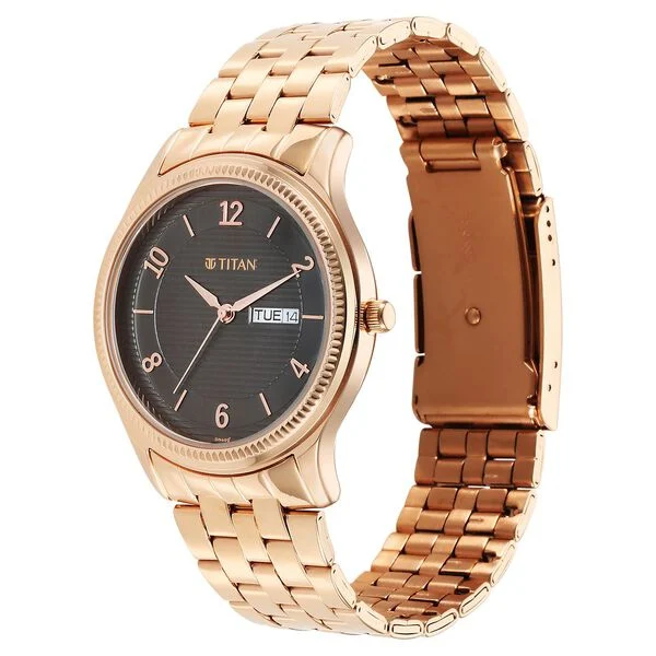 Titan Brown Dial Rose Gold Stainless Steel Strap Analog with Day and Date Watch for Men - Image 3