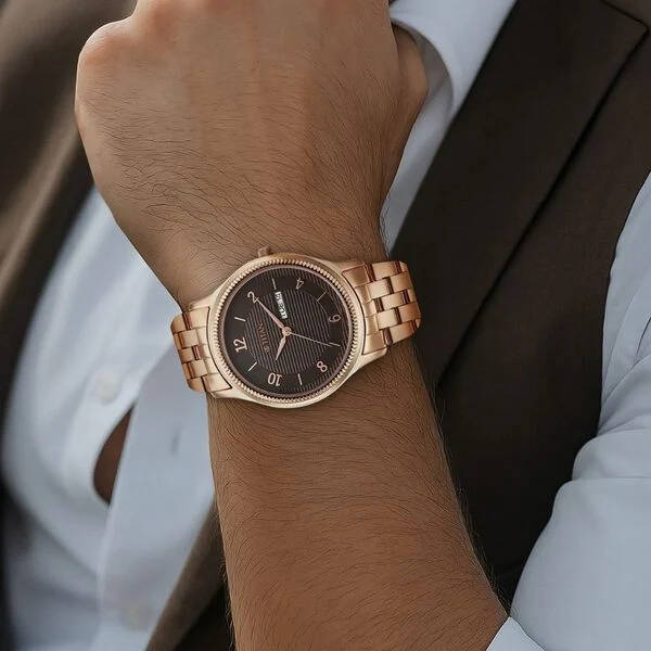 Titan Brown Dial Rose Gold Stainless Steel Strap Analog with Day and Date Watch for Men - Image 6