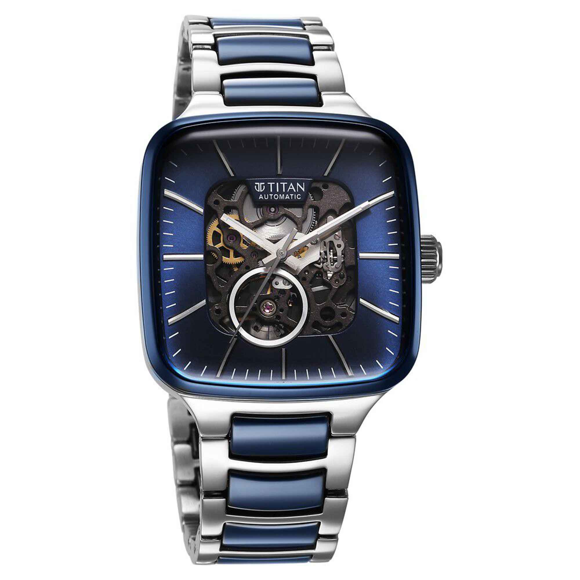 Titan Ceramic Fusion Automatic Square Blue Dial Rose Gold Dual-Toned Stainless Steel Bracelet Watch for Men - Image 2