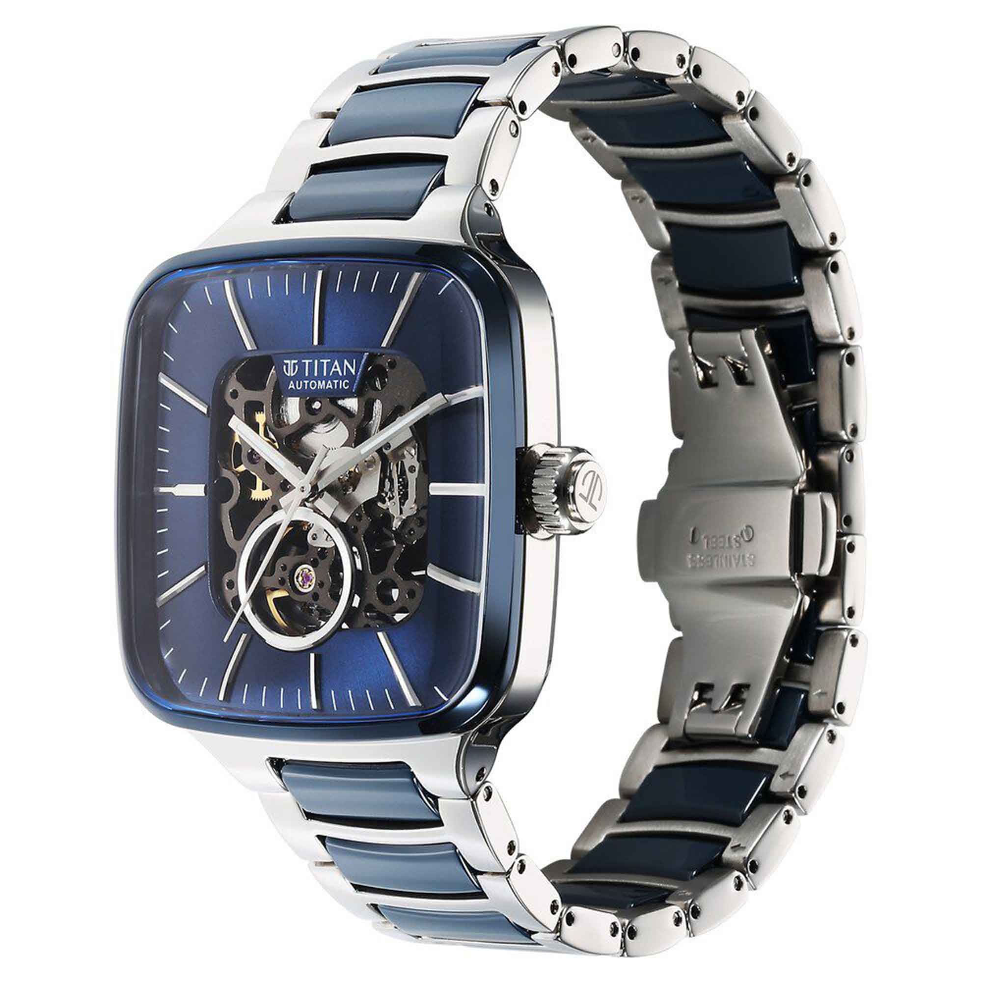 Titan Ceramic Fusion Automatic Square Blue Dial Rose Gold Dual-Toned Stainless Steel Bracelet Watch for Men - Image 3