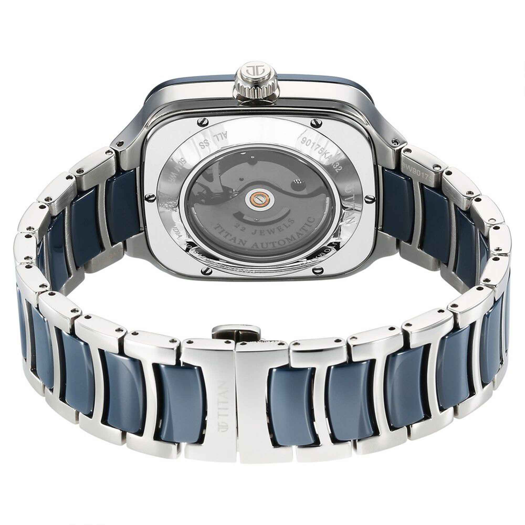 Titan Ceramic Fusion Automatic Square Blue Dial Rose Gold Dual-Toned Stainless Steel Bracelet Watch for Men - Image 4