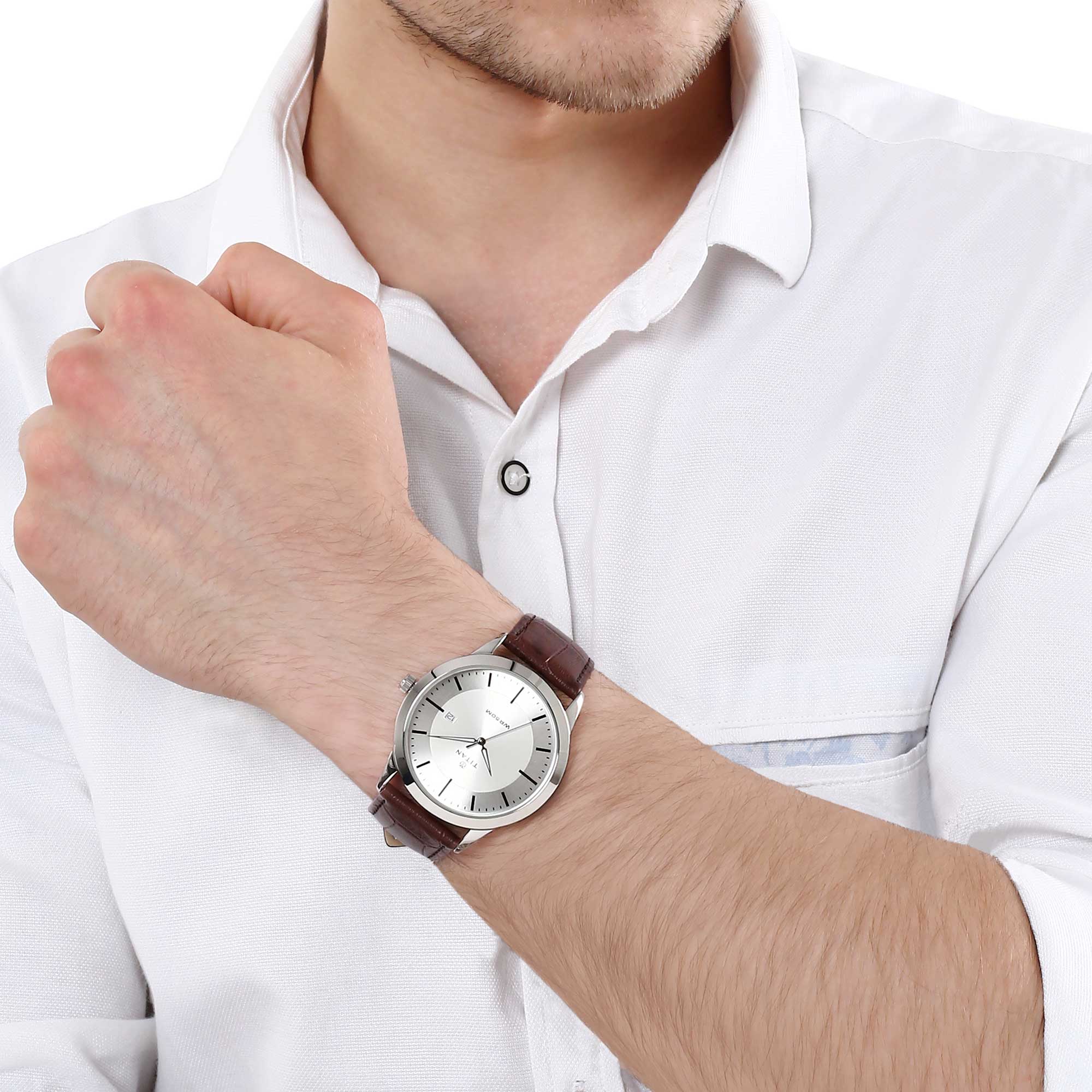 Titan Classic Silver Dial Analog with Date Leather Strap watch for Men - Image 6