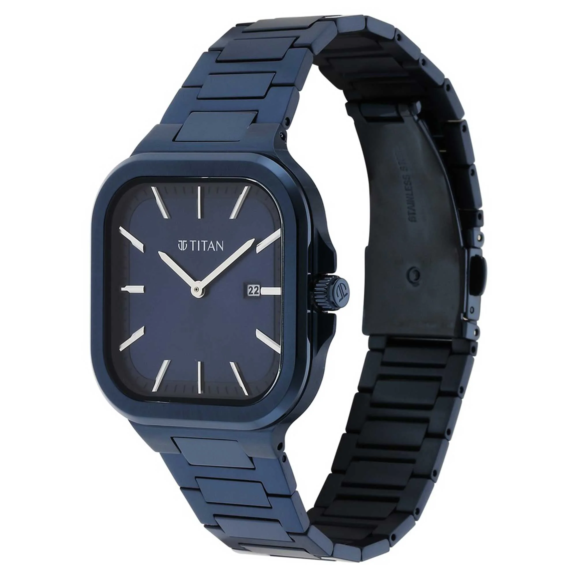 Titan Classique Slim Square Quartz Analog with Date Blue Dial Stainless Steel Strap Watch for Men-90176QM01 - Image 3