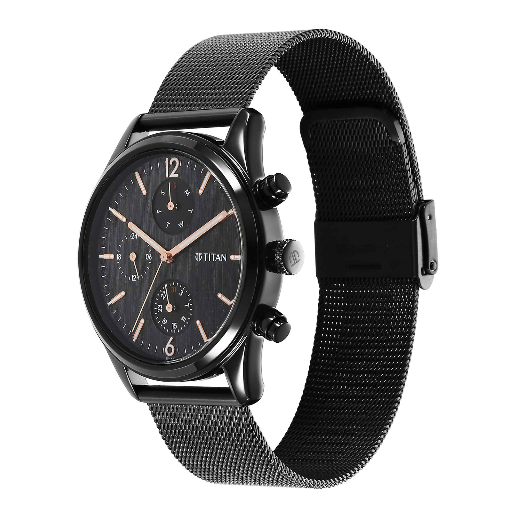 Titan Neo Black & Gold Quartz Analog with Day and Date Black Dial Stainless Steel Strap Watch for Men - Image 3