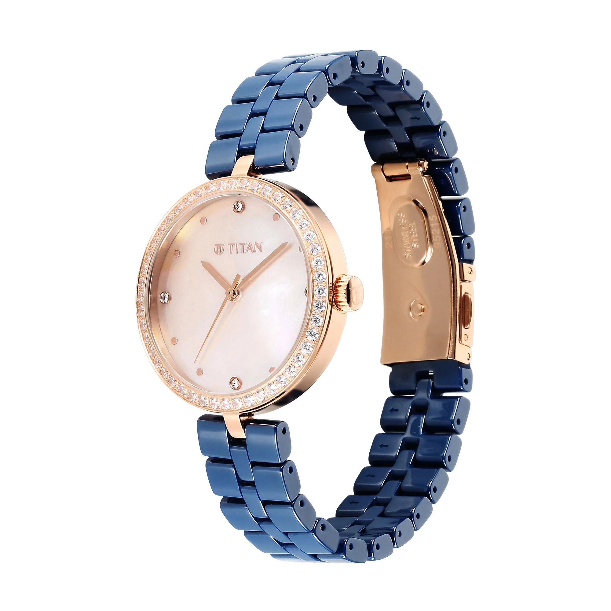 Titan Purple Ceramics Quartz Analog Mother of Pearl Dial Blue Ceramic Strap Watch For Women - Image 3