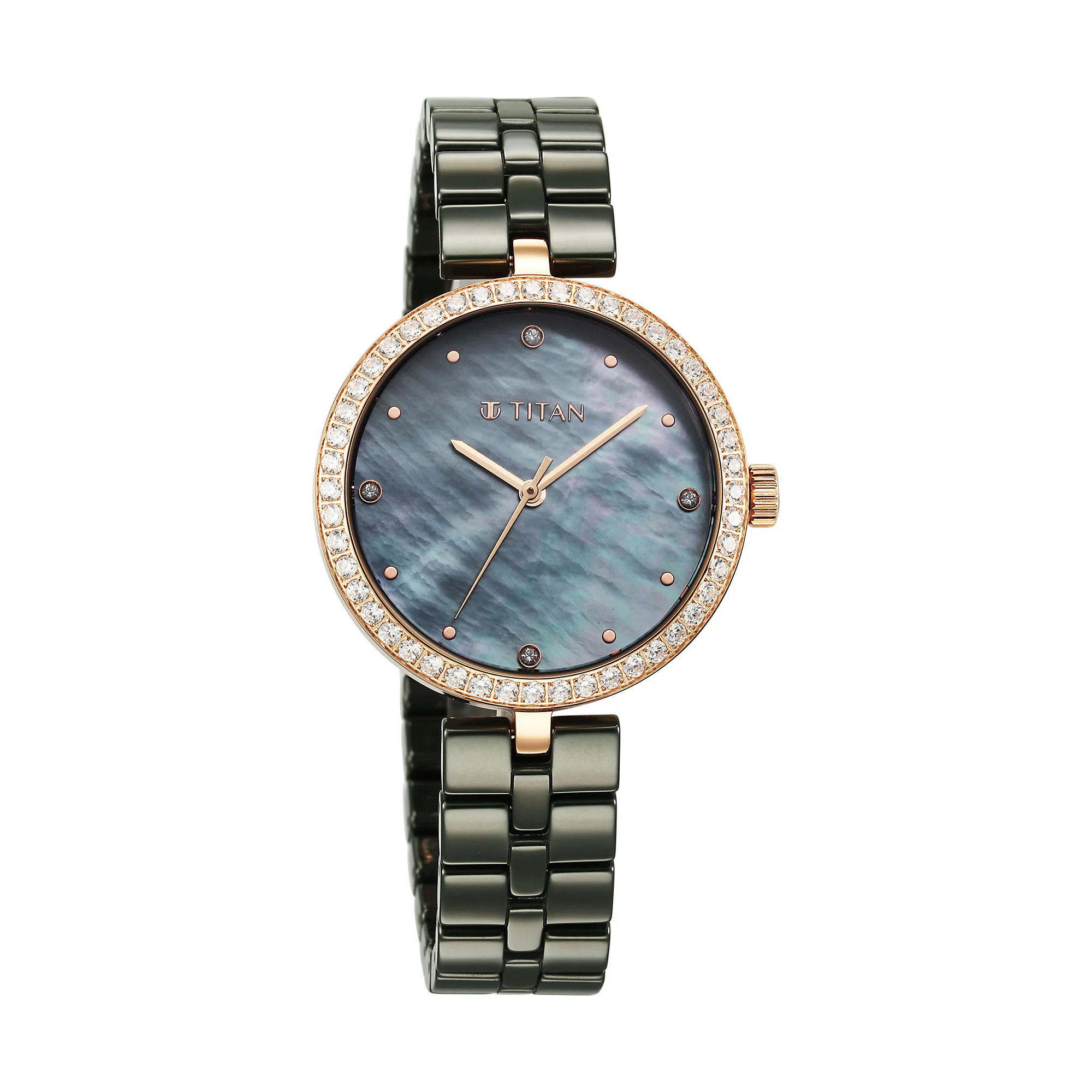 Titan Purple Ceramics Quartz Analog Mother of Pearl Dial Green Ceramic Strap Watch For Women - Image 2