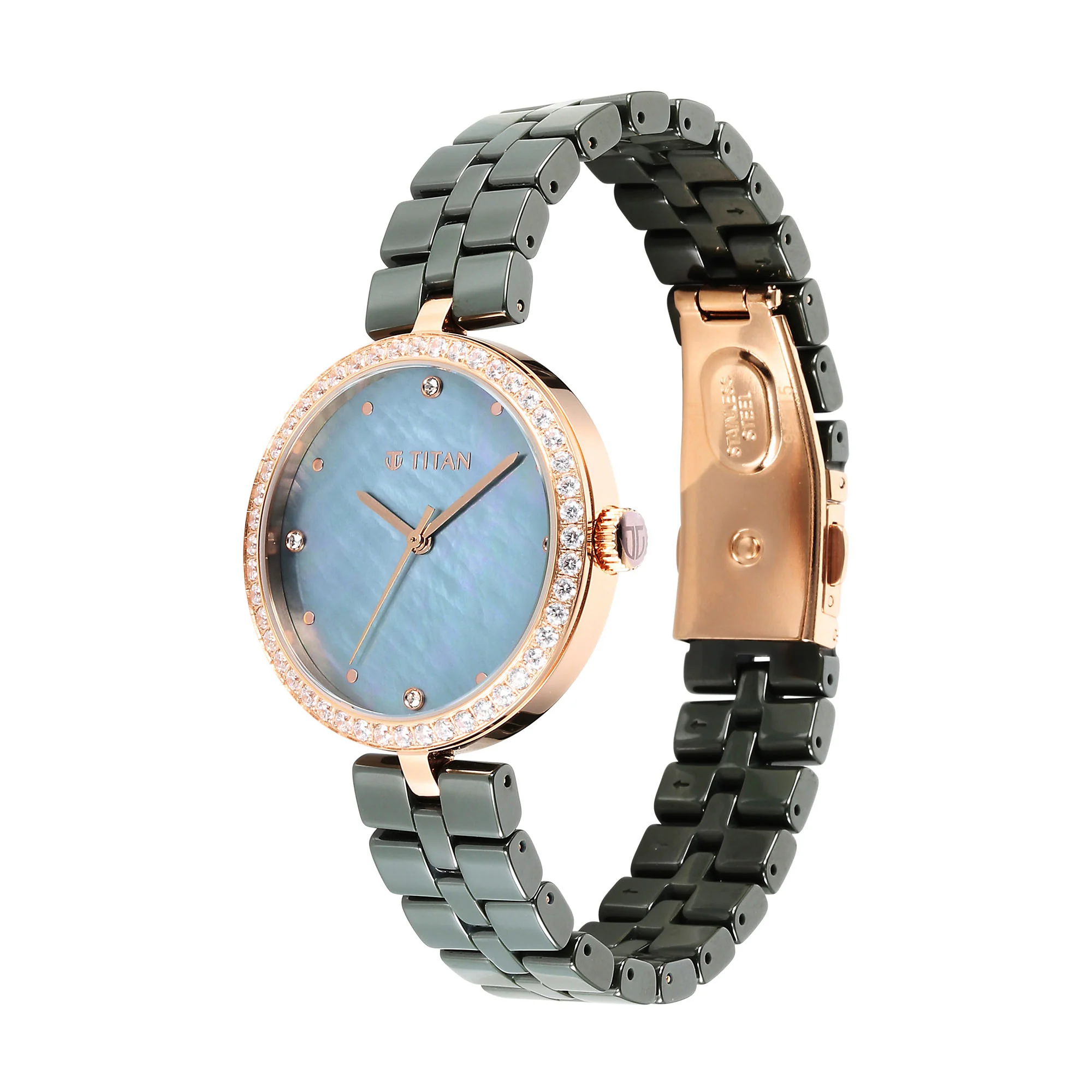 Titan Purple Ceramics Quartz Analog Mother of Pearl Dial Green Ceramic Strap Watch For Women - Image 3