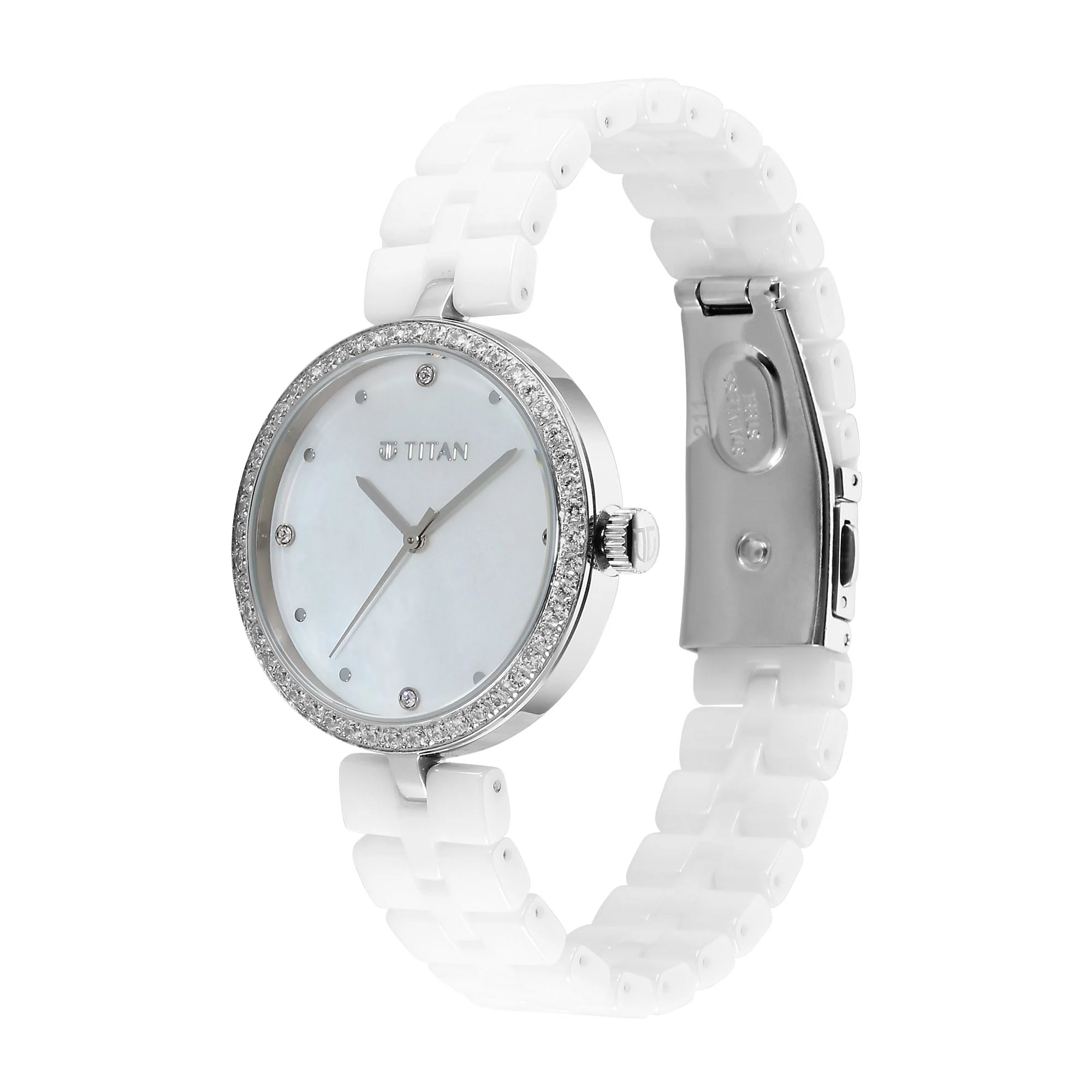 Titan Purple Ceramics Quartz Analogue Mother of Pearl Dial White Ceramic Strap Watch For Women - Image 4