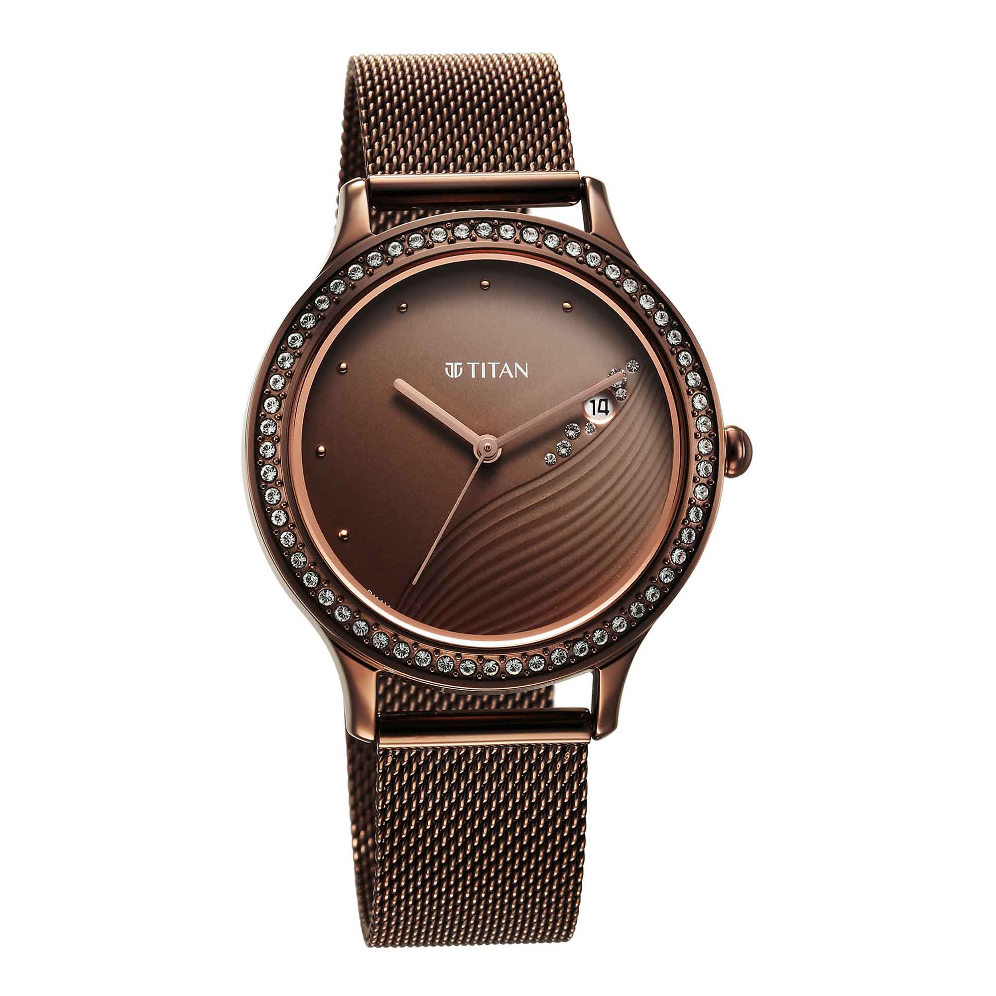 Titan Purple Glam It Up Brown Dial Analog with Date Stainless Steel Strap Watch for Women - Image 2