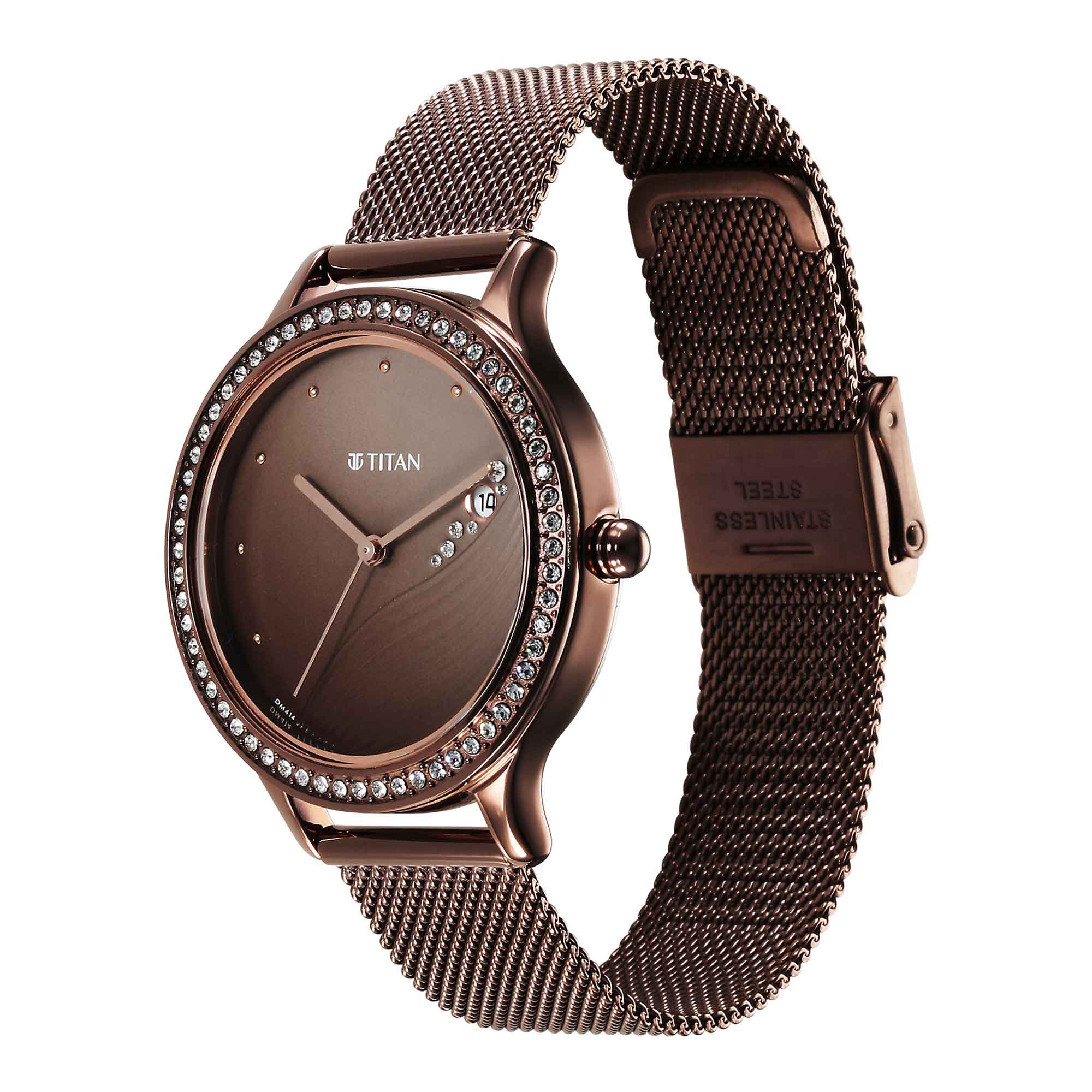 Titan Purple Glam It Up Brown Dial Analog with Date Stainless Steel Strap Watch for Women - Image 3