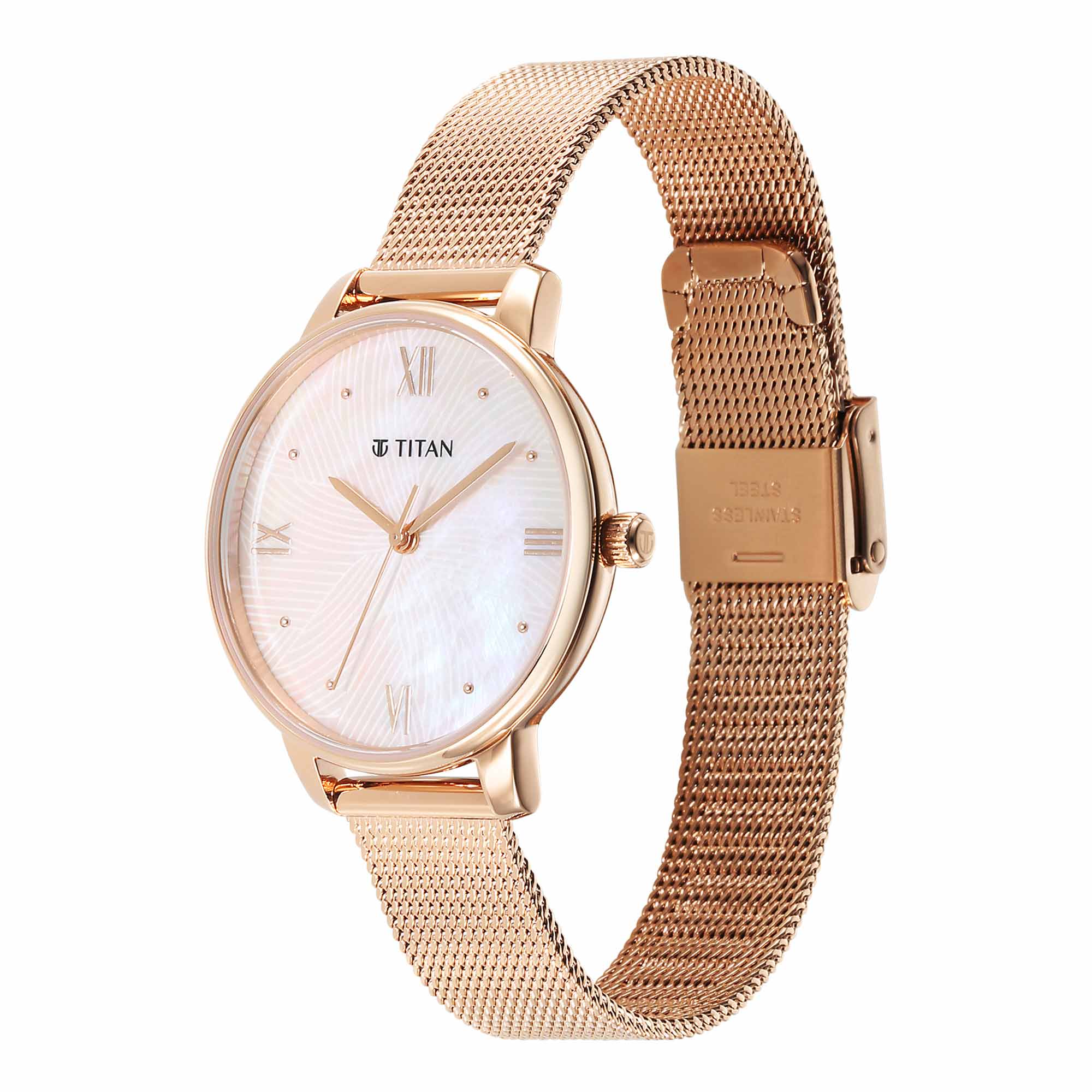 Titan Purple Style Up Quartz Analog Mother Of Pearl Dial Stainless Steel Strap Watch for Women - Image 3