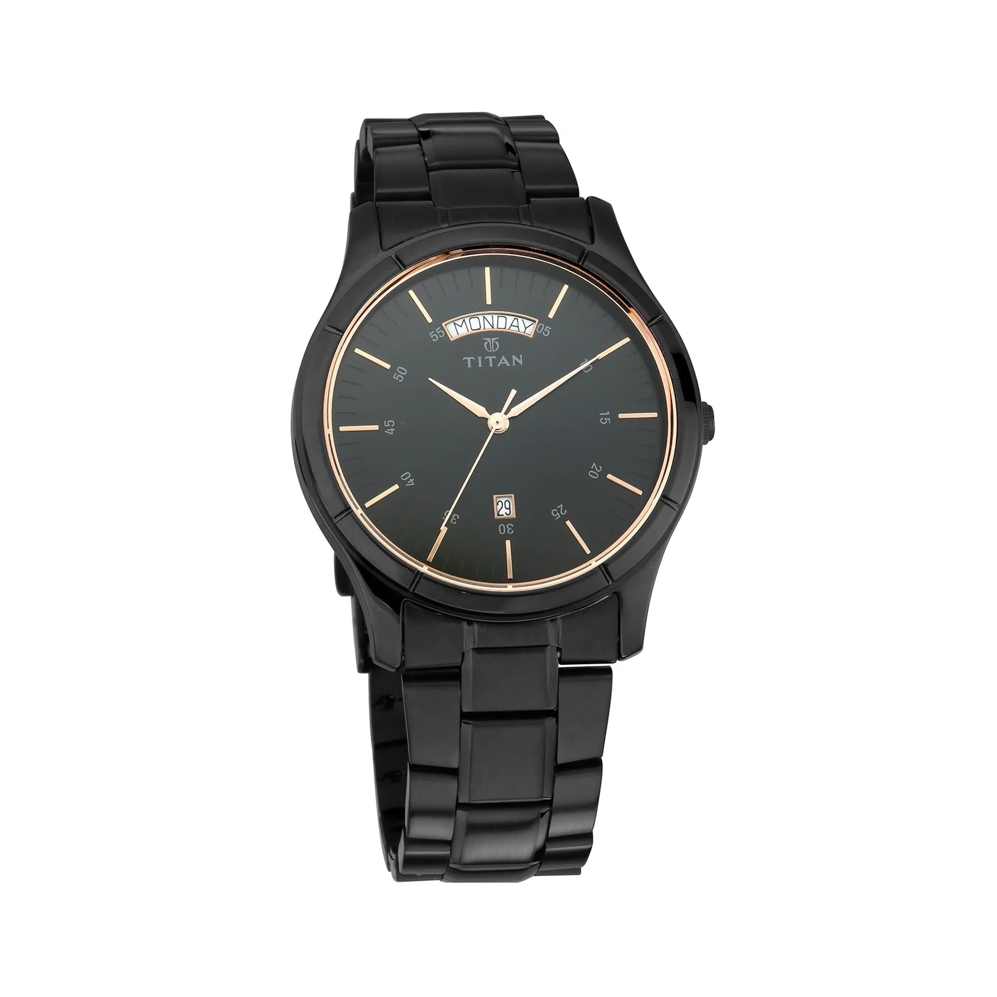 Titan Quartz Analog with Day and Date Black Dial Stainless Steel Strap Watch for Men 1767NM01