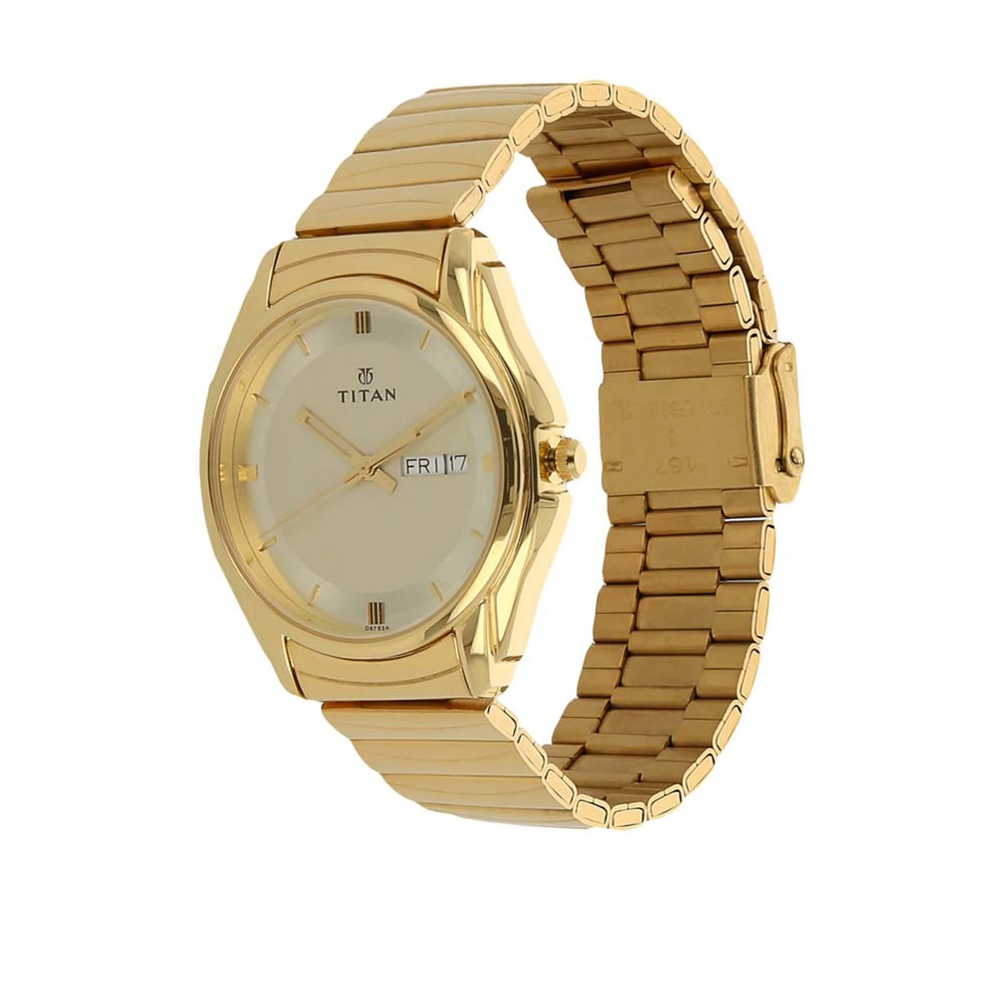 Titan Quartz Analog with Day and Date Champagne Dial Golden Stainless Steel Strap Watch For Men - Image 2