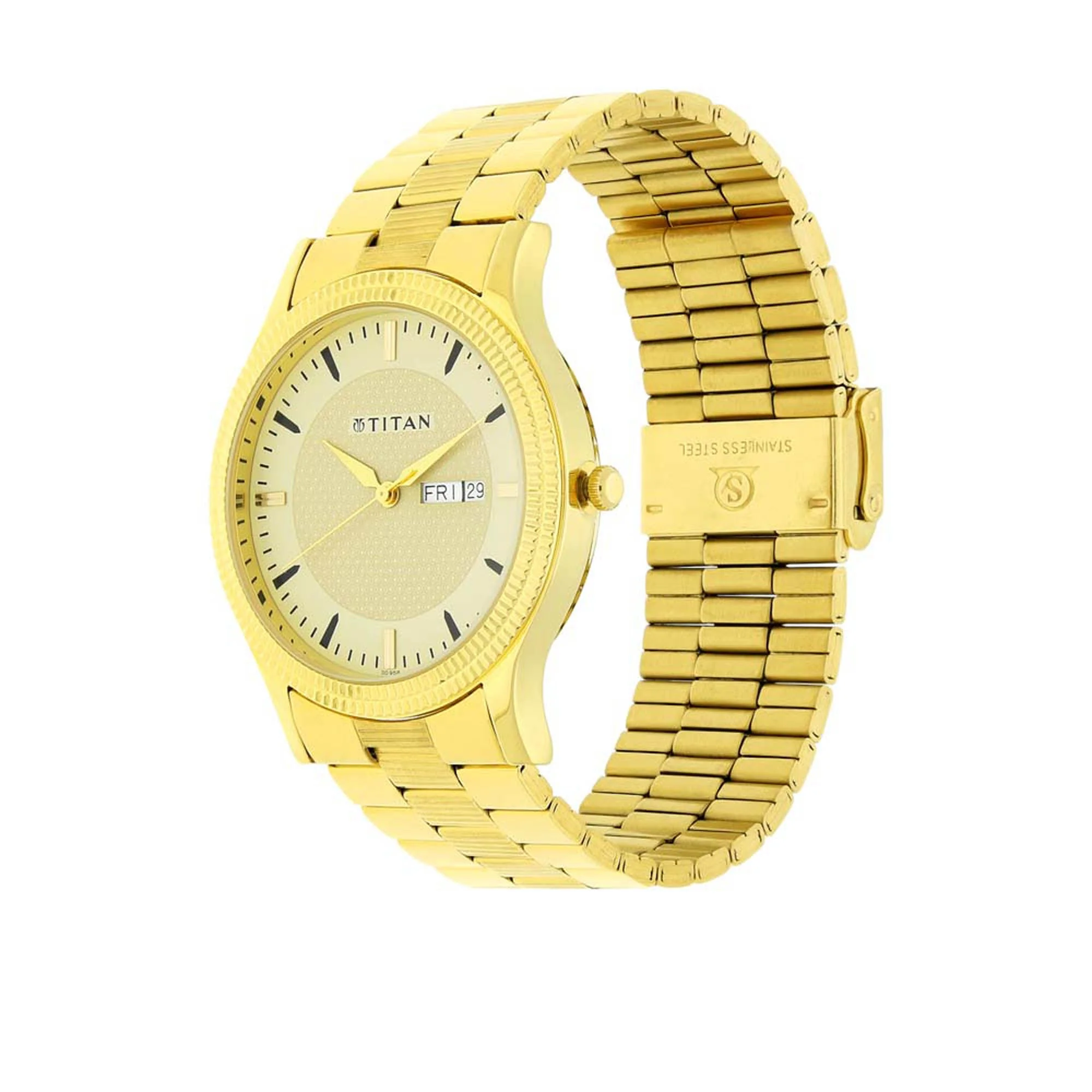 Titan Quartz Analog with Day and Date Golden Dial Stainless Steel Strap Watch for Men - Image 3