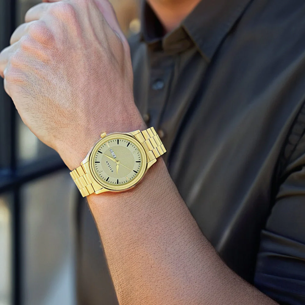 Titan Quartz Analog with Day and Date Golden Dial Stainless Steel Strap Watch for Men - Image 6