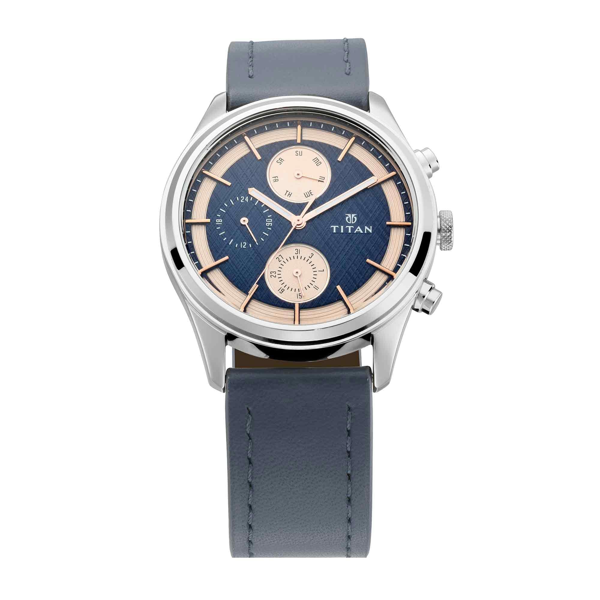 Titan Quartz Multifunction Blue Dial Leather Strap Watch for Men - Image 3