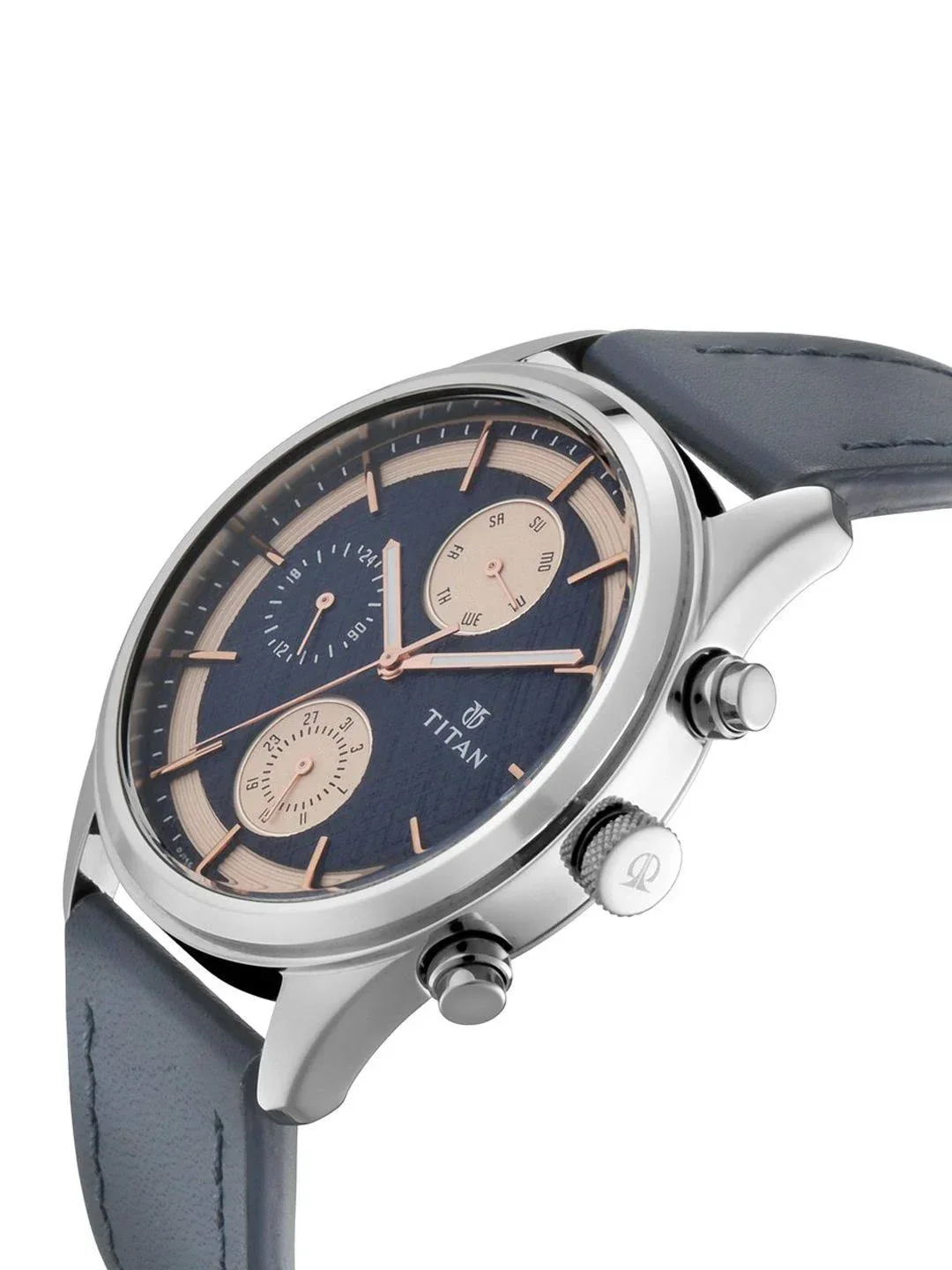 Titan Quartz Multifunction Blue Dial Leather Strap Watch for Men - Image 4