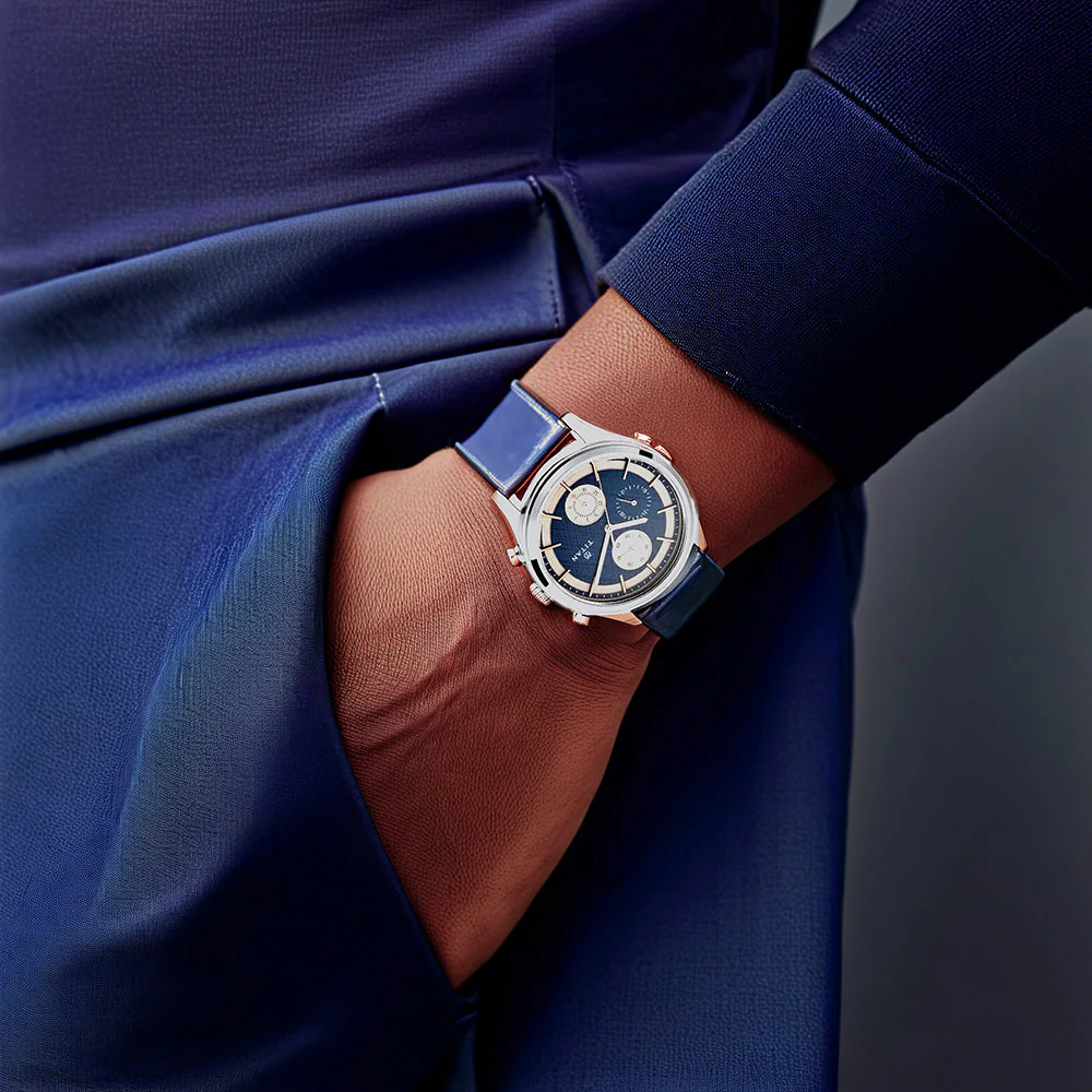 Titan Quartz Multifunction Blue Dial Leather Strap Watch for Men - Image 7