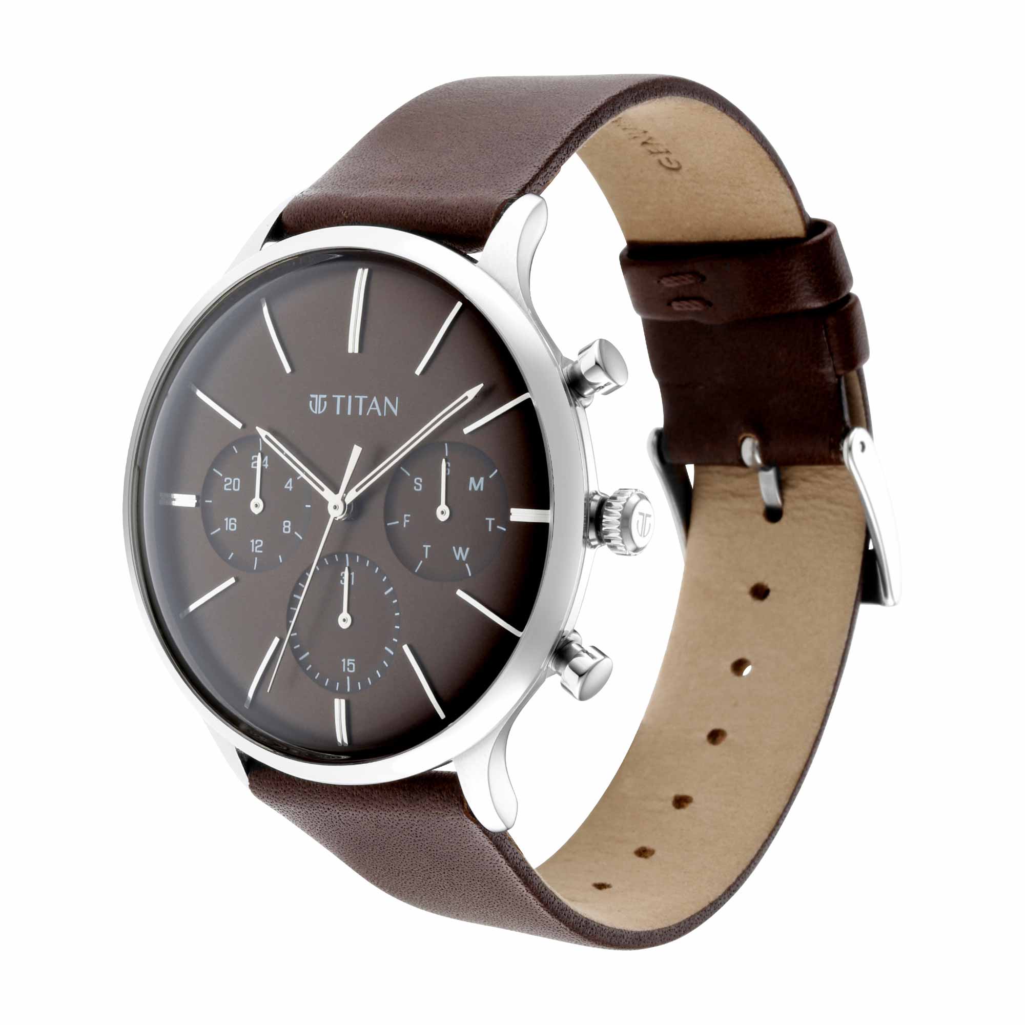 Titan Quartz Multifunction Brown Dial Leather Strap Watch for Men - Image 2