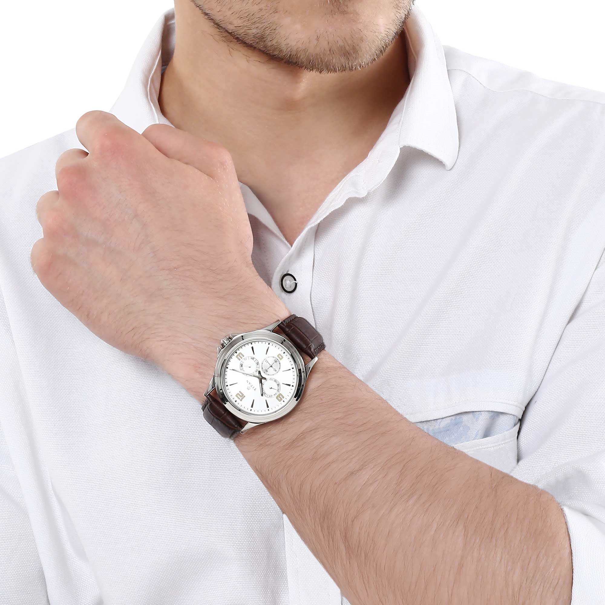 Titan Quartz Multifunction Silver Dial Leather Strap Watch for Men - Image 7