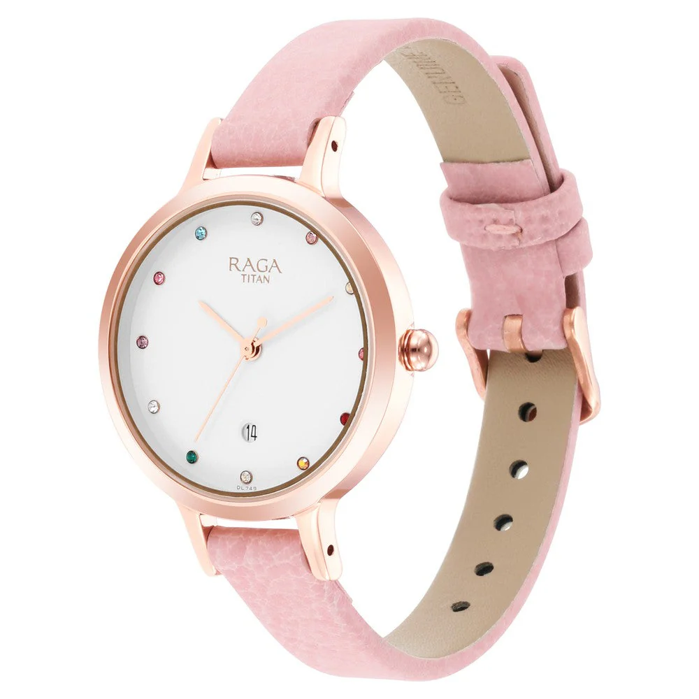 Titan Raga Viva Quartz Analog with Date White Dial Leather Strap Watch for Women 2666WL01 - Image 2