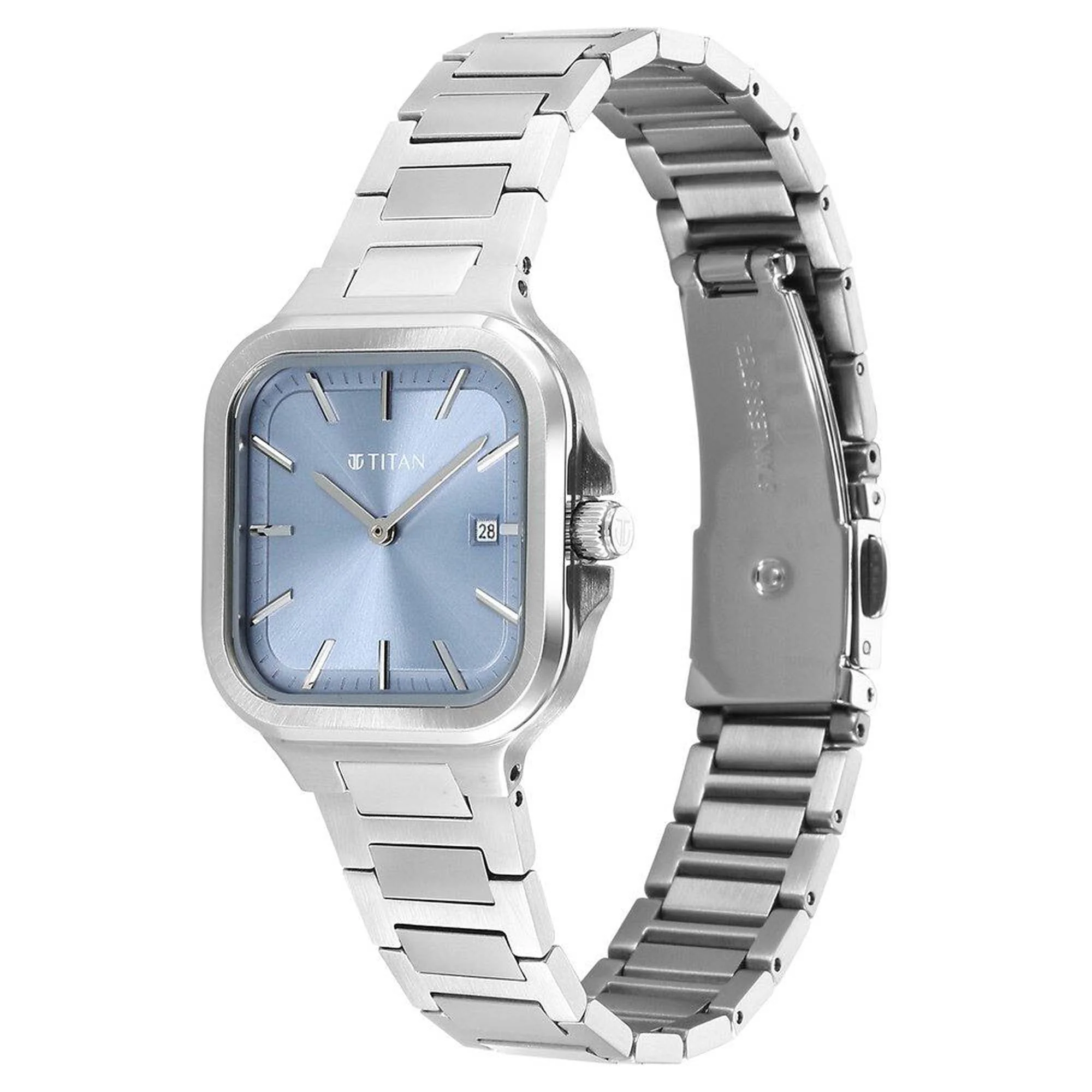 Titan Slim Square Quartz Alog with Date Blue Dial With Silver Color Stainless Steel Strap Watch For Women - Image 3